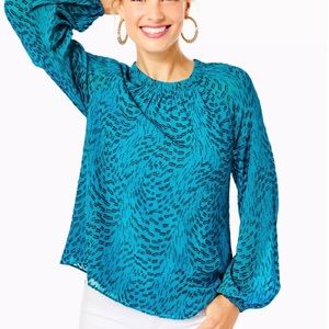 NWT Lilly Pulitzer Caline Long Sleeve Teal Silk Swirl Clip Blouse Small